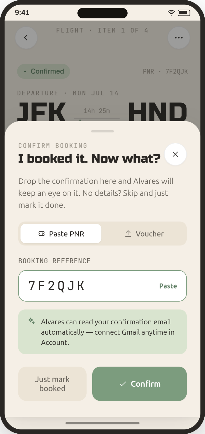 ALVARES confirm booking screen